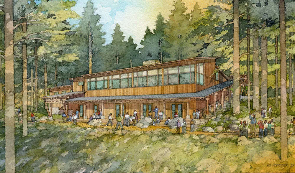 National Environmental Science Center, Yosemite National Park, California - watercolor rendering of the timber lodge with its clerestory window band, campers gathered on the slope below