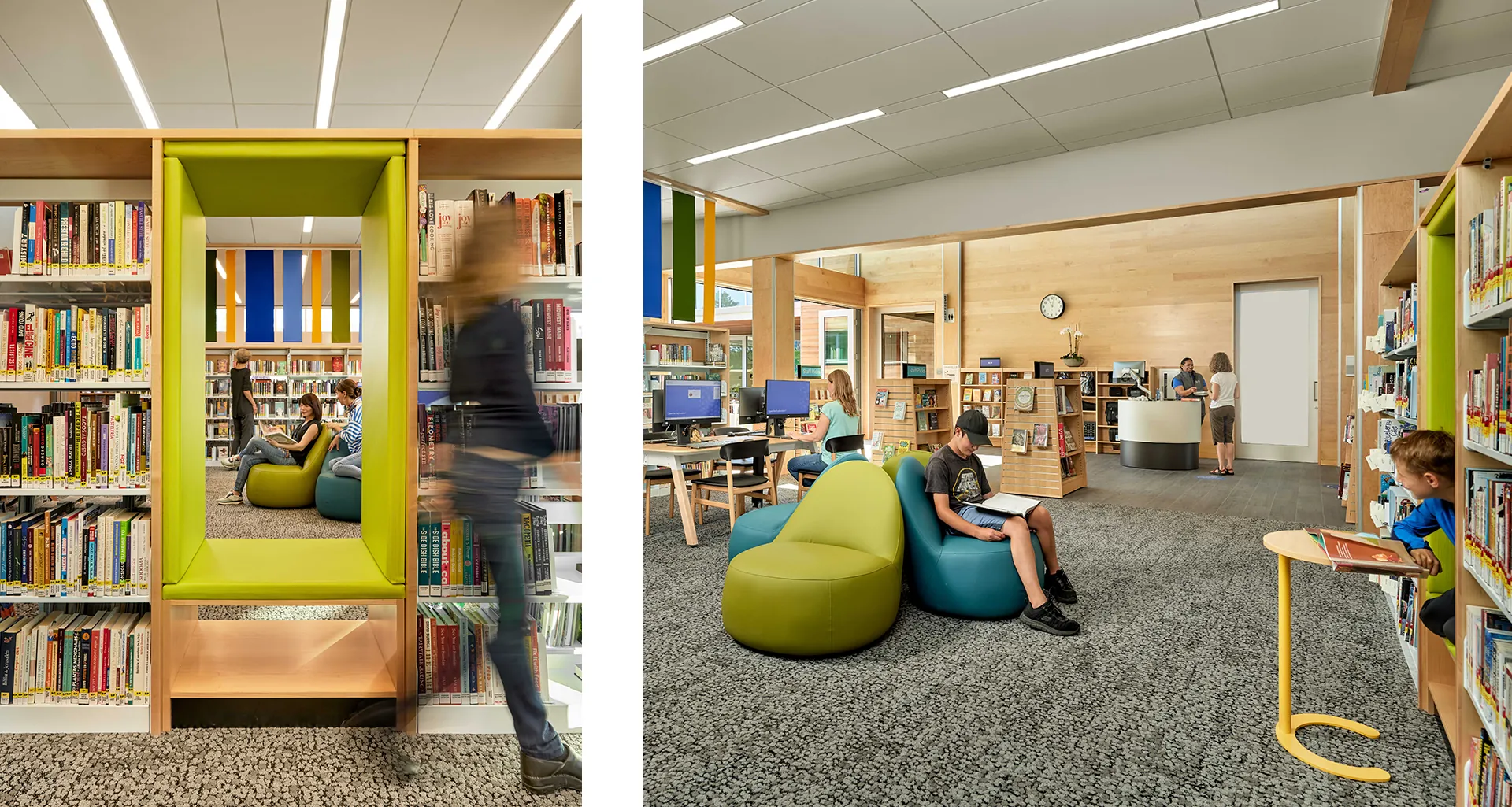 Teen space library stacks and computer room
