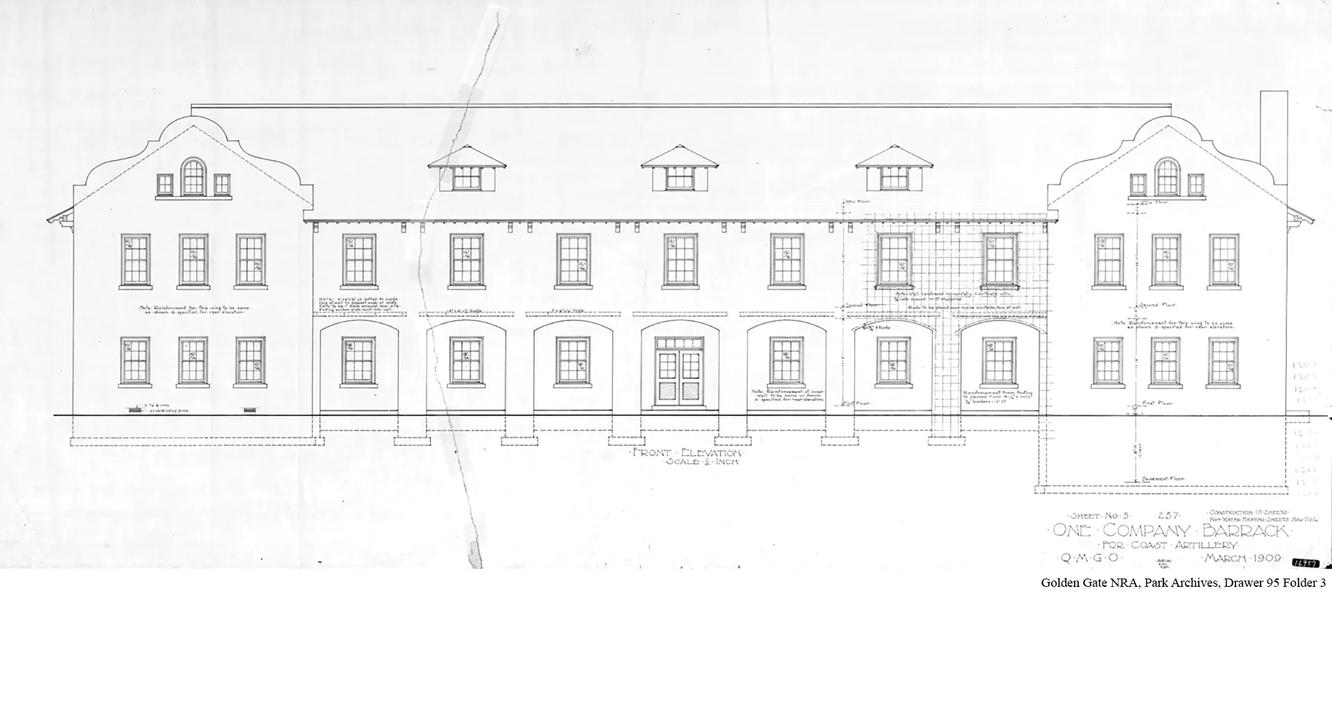 Presidio Fort Winfield Scott elevation drawing for Enlisted Men's Barracks Buildings (1909)