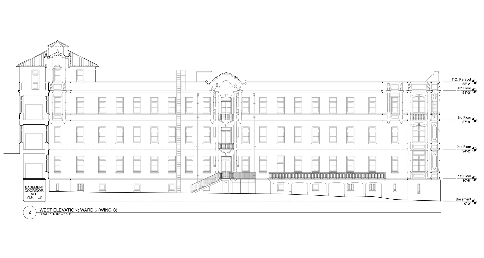 Highland Hospital - West Elevation: Wing C. HABS
