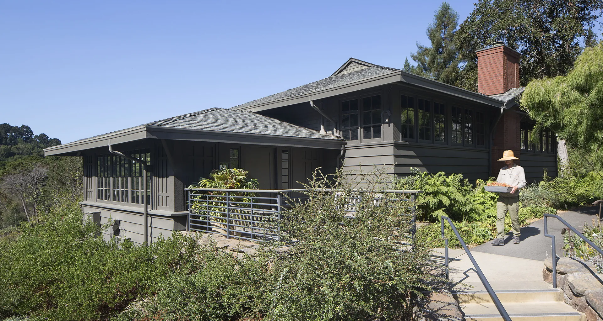 Julia Morgan Hall entry. The 1911 structure fits into its new location at UC Botanical Garden in Berkeley, California as though it was always here
