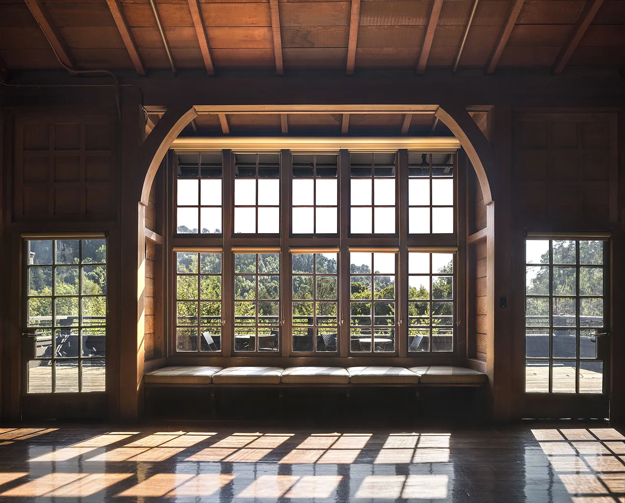 Julia Morgan Hall signature window seat looking west toward new deck