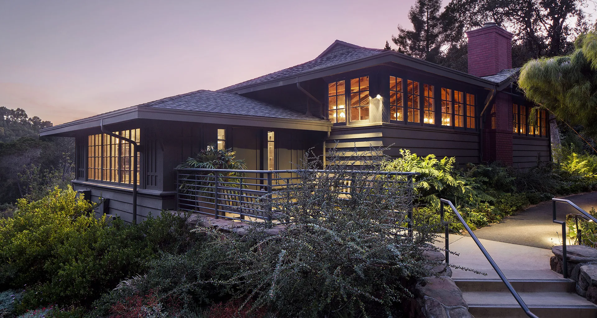 Julia Morgan Hall entry at dusk