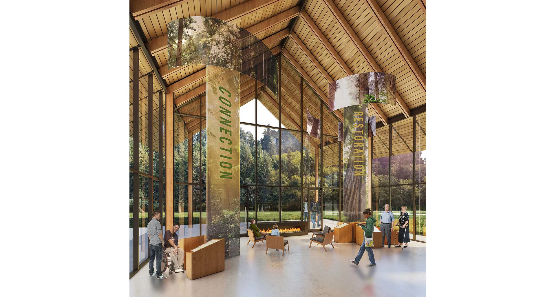Redwood Visitor Center - Interior view of interpretive exhibits and living room